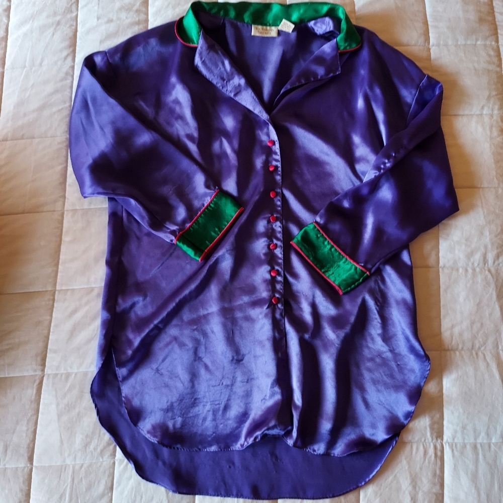 Victoria's Secret Purple Satin Pajama Top with Green Trim and Red Buttons